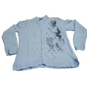 Men's MURANO Sky Blue Abstract Print Linen Long Sleeve Shirt Mandarin Collar Med